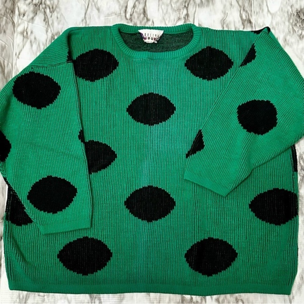 Bold Green and Large Black Polka Dot Sweater 80s Vintage Oversized Vibrant Cool
